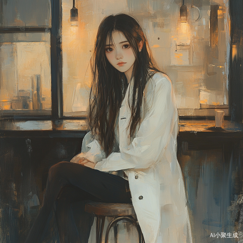 20岁中国女孩咖啡馆落寞身影长睫毛白色外套