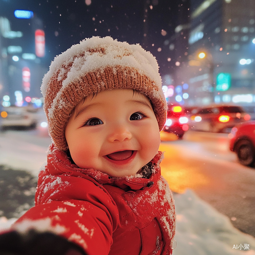 可爱婴儿冬季自拍雪夜东京街头