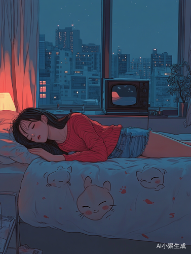 极简风格的温馨漫画插图展现夜晚治愈少女生活