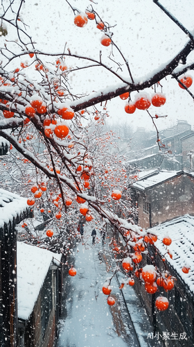 江南小镇雪中柿子树唯美摄影