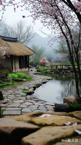 春光明媚的村庄小园与绚丽花海