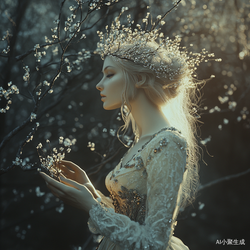 春天黄昏神秘树林中的美丽树妖女子