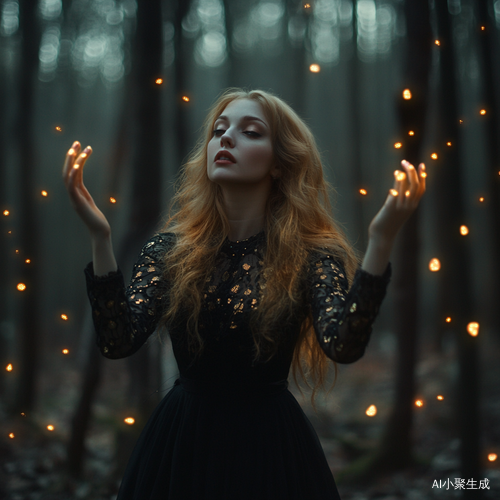 春天黄昏神秘树林中的美丽树妖女子