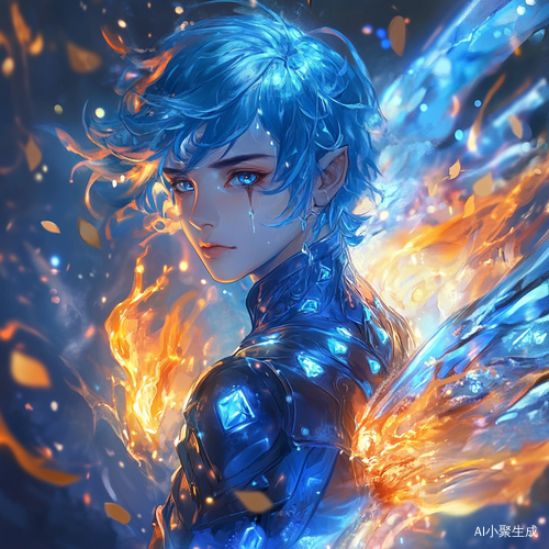 蓝色头发美少男与奇幻场景的神秘融合