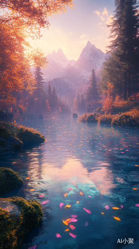 Dreamy Lake Reflected in Evening Sunlight Surrounded by Vibrant Nature