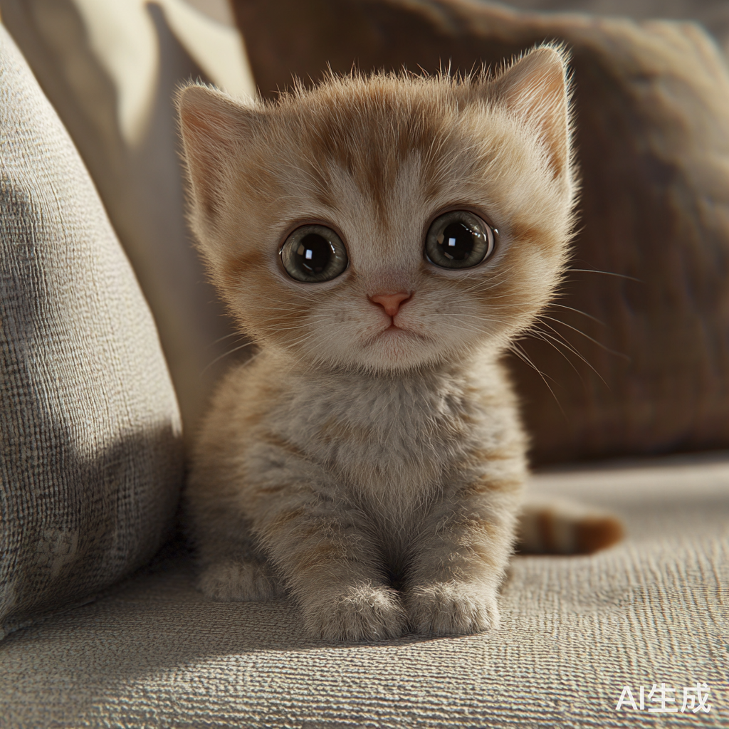 超可爱小猫坐在沙发上好奇探索周围世界