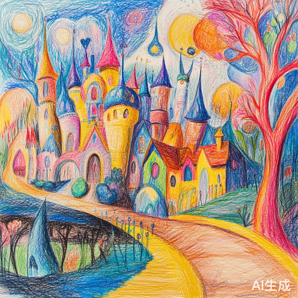 蜡笔风格的童话世界画笔描绘的奇幻场景