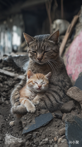 猫妈妈在地震中无畏保护幼崽的感人瞬间