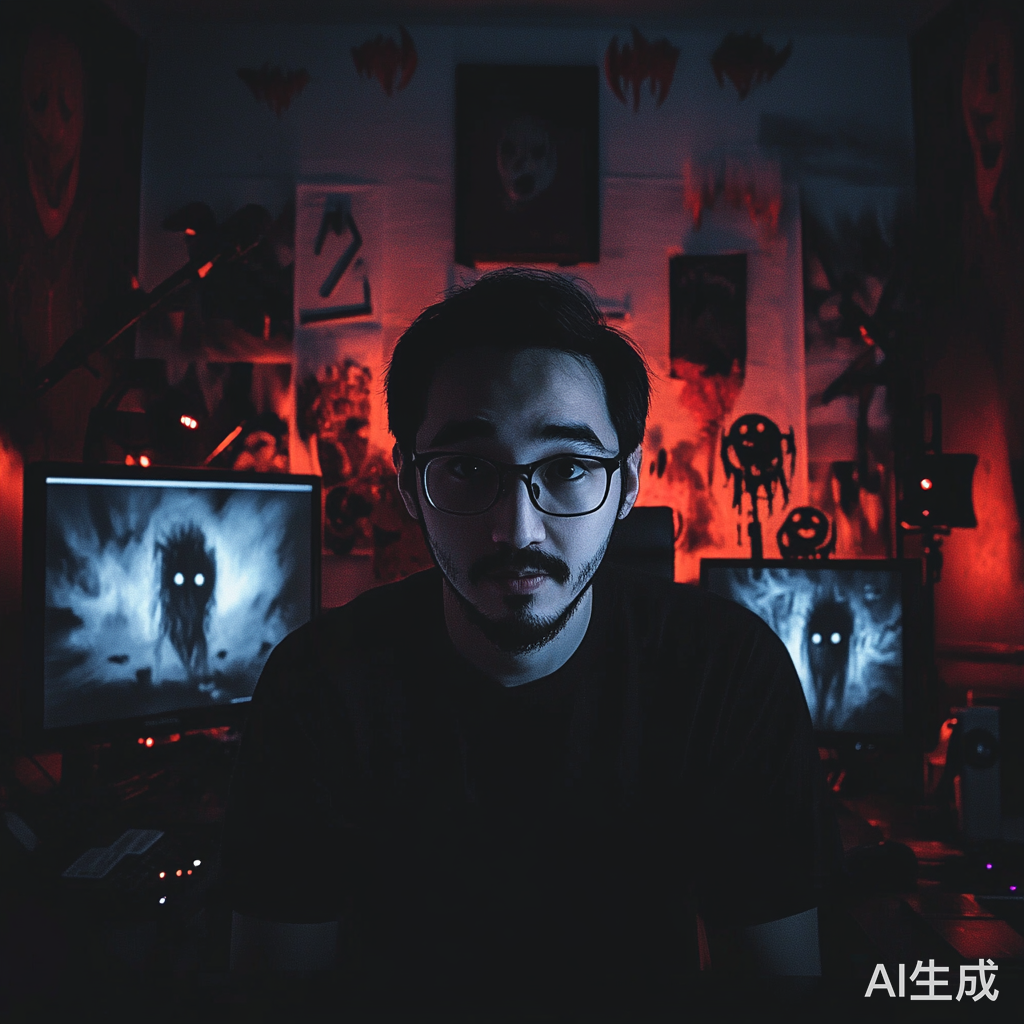 昏暗直播间的恐怖氛围与神秘符号