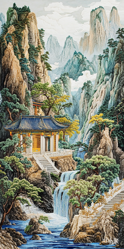 豪华酒店大堂巨型浮雕壁画展现青山碧崖水景