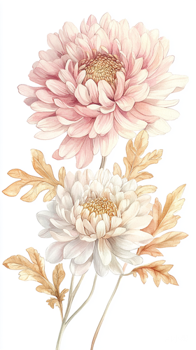 Delicate Watercolor Illustration of Pink and Beige Chrysanthemums