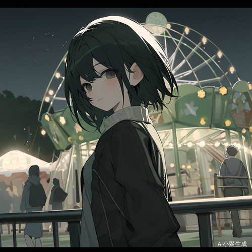 游乐园星空下的美丽校服女孩