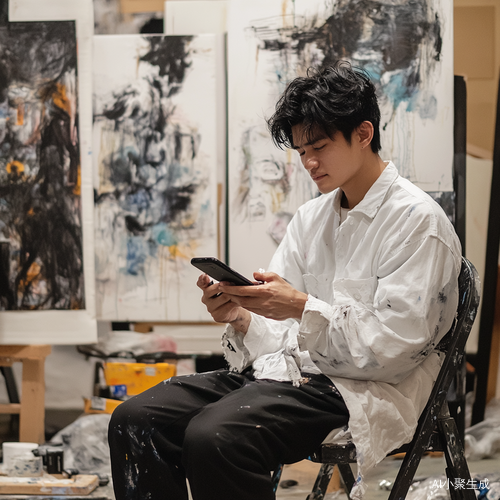 男人穿白衣黑裤坐画板前玩手机