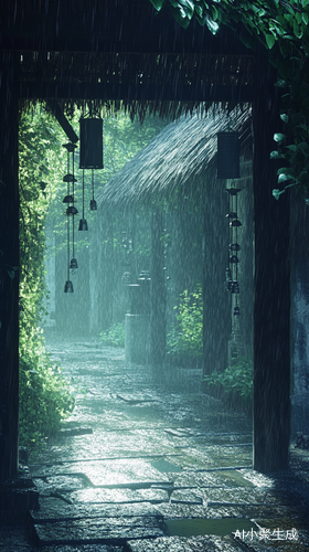 茅草走廊下风铃摇曳细雨绵绵
