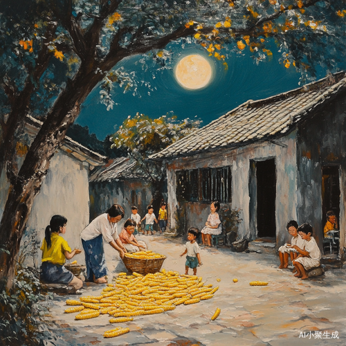 月光下的温馨小院与孩童嬉戏