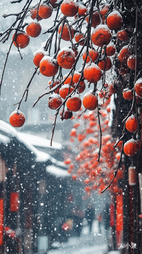 江南小镇雪景中的巨型柿子树特写摄影