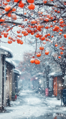 江南小镇雪景中的巨型柿子树特写摄影