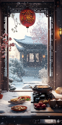 冬季唐风火锅温馨氛围下的大雪场景