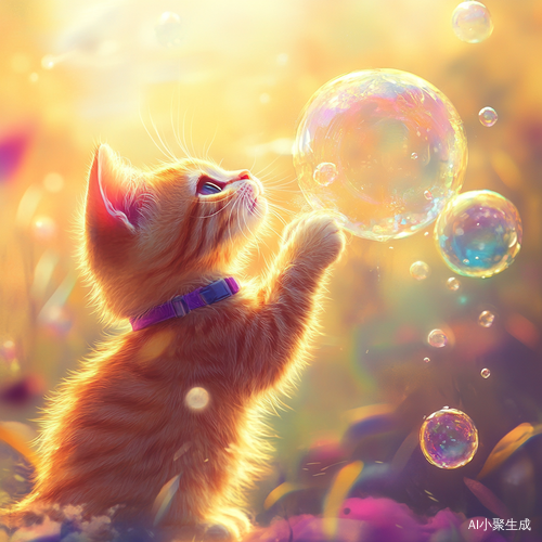 夏日阳光下可爱小橘猫与五彩泡泡的美丽画面