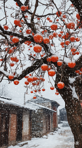 关中小镇雪中柿子树的唯美摄影场景