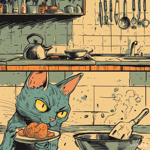 悠闲猫咪厨房做饭的漫画风格
