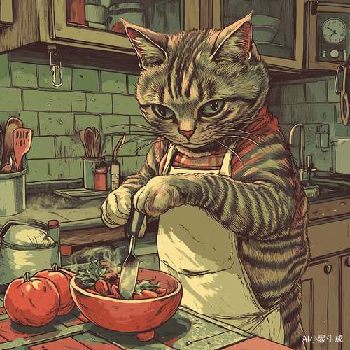 悠闲猫咪厨房做饭的漫画风格