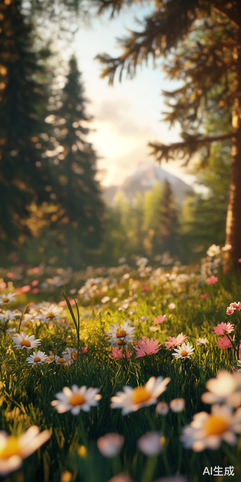 草地上美丽花朵与高大树木的孤独小草