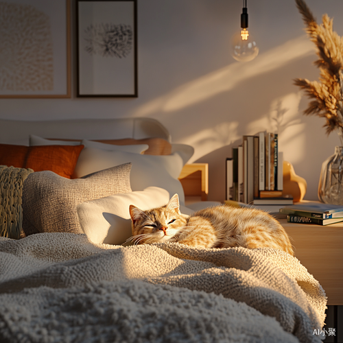 A Cozy Bedroom with a Cute Cat and Warm Atmosphere