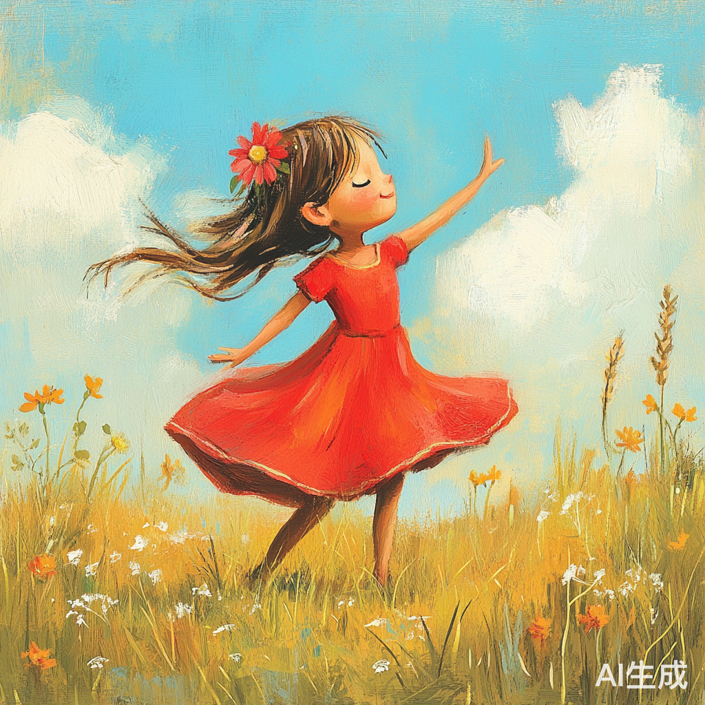 可爱小女孩穿红裙在草原上翩翩起舞
