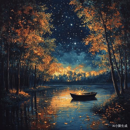 夜幕下江畔的渔火与星辉交织的美景