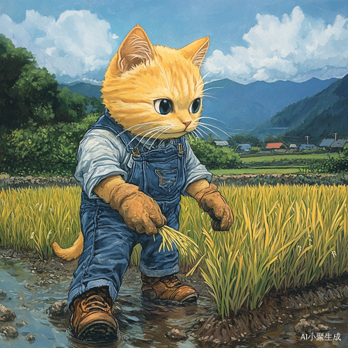 黄色猫咪穿牛仔裤在水田插秧的奇妙场景
