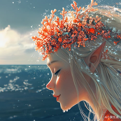 海面上兴奋的珊瑚精灵与多云天空的夏日梦