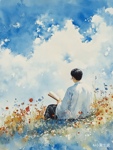 蓝天白云下的男老师与草地鲜花水彩画