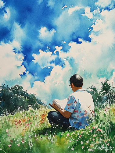 蓝天白云下的男老师与草地鲜花水彩画
