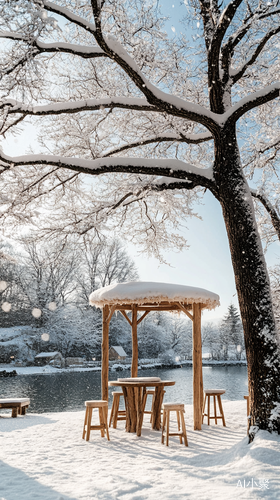 古老树木与大雪中的爱心棉花糖景象