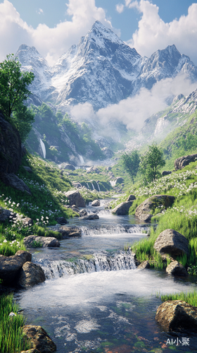 春天高山流水与瀑布的超真实广角全景