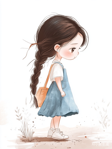可爱搞怪女孩走在路上的8k手绘插画