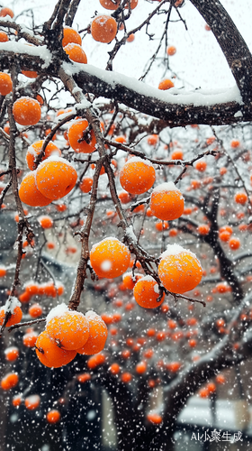 江南小镇雪中柿子树的唯美摄影