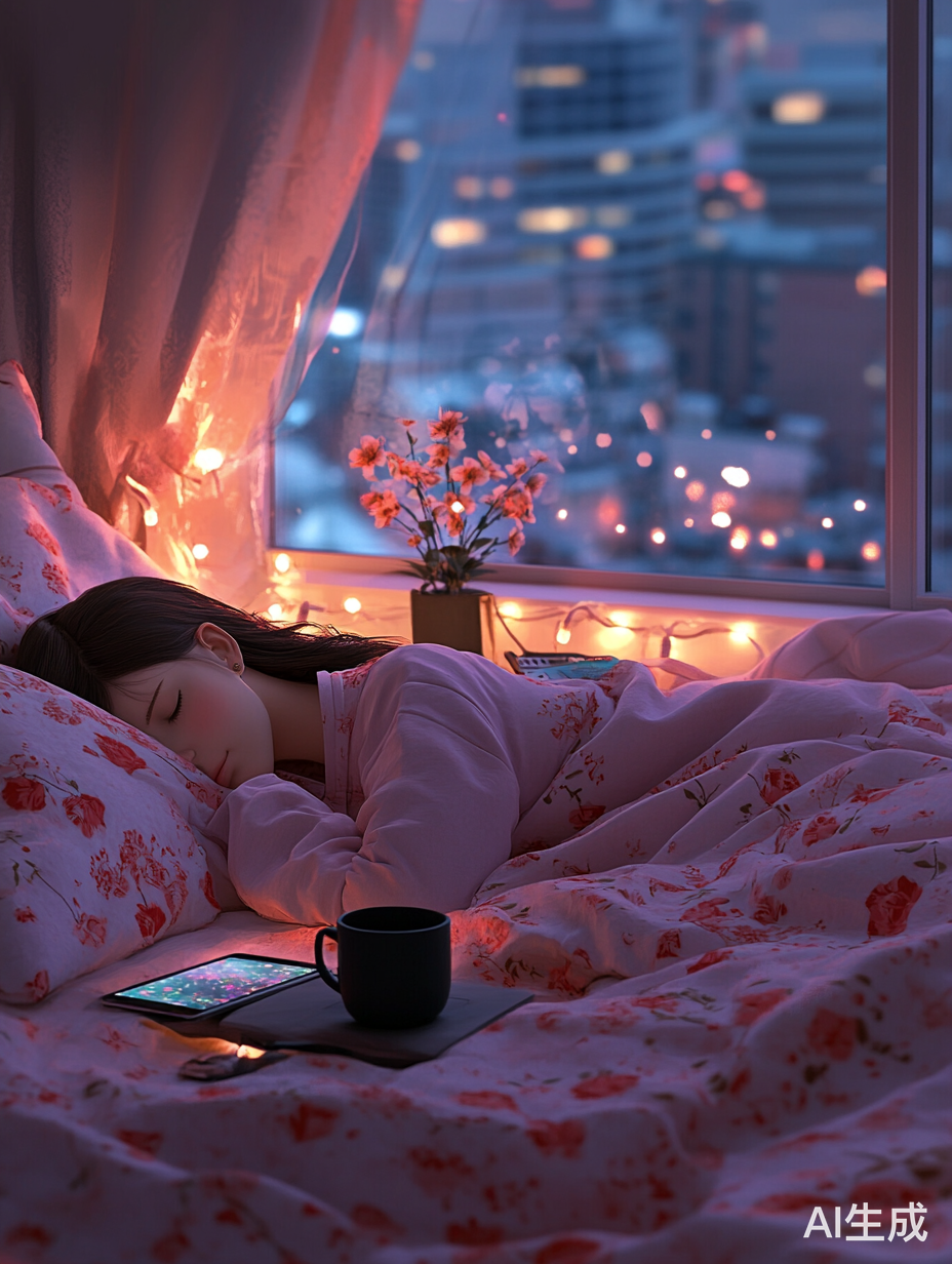 宁静夜晚卧室中的女孩与城市星空