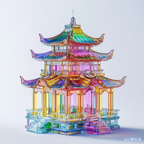 苏州园林风格的彩色透明玻璃亭子与毛绒玩具