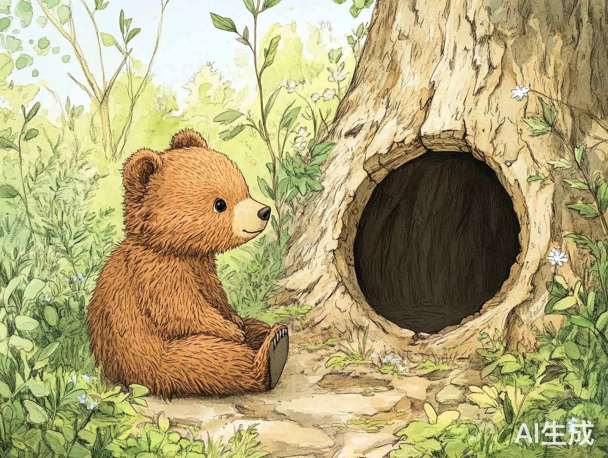 小熊坐在树洞前期待远方的美好