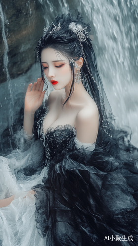 倩女幽魂聂小倩黑白薄纱裙红唇妩媚瀑布幽境