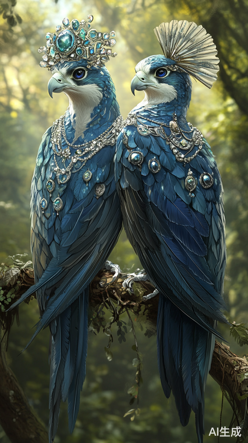 两只蓝色游隼栖息在丛林中的华丽景象