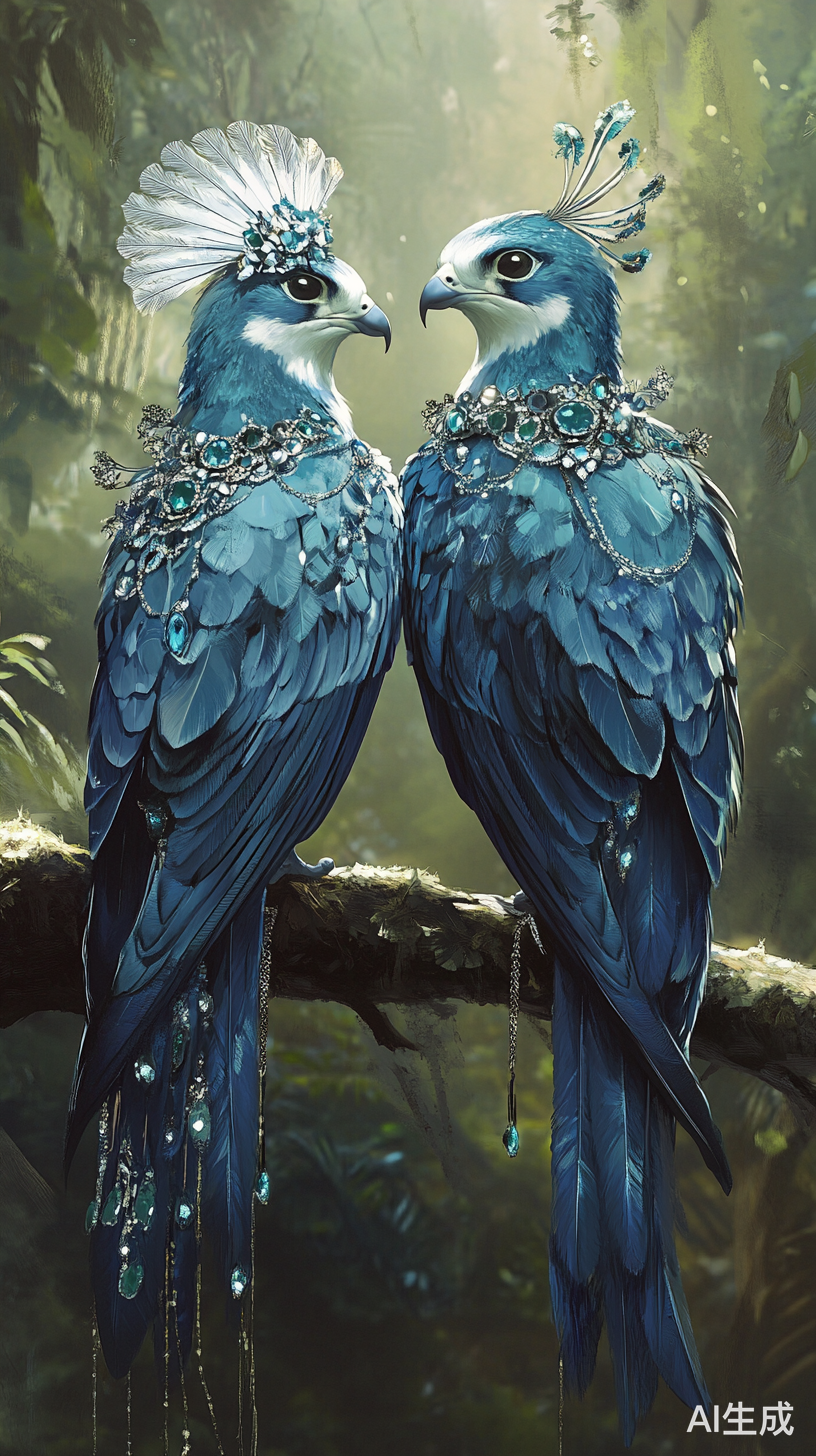 两只蓝色游隼栖息在丛林中的华丽景象