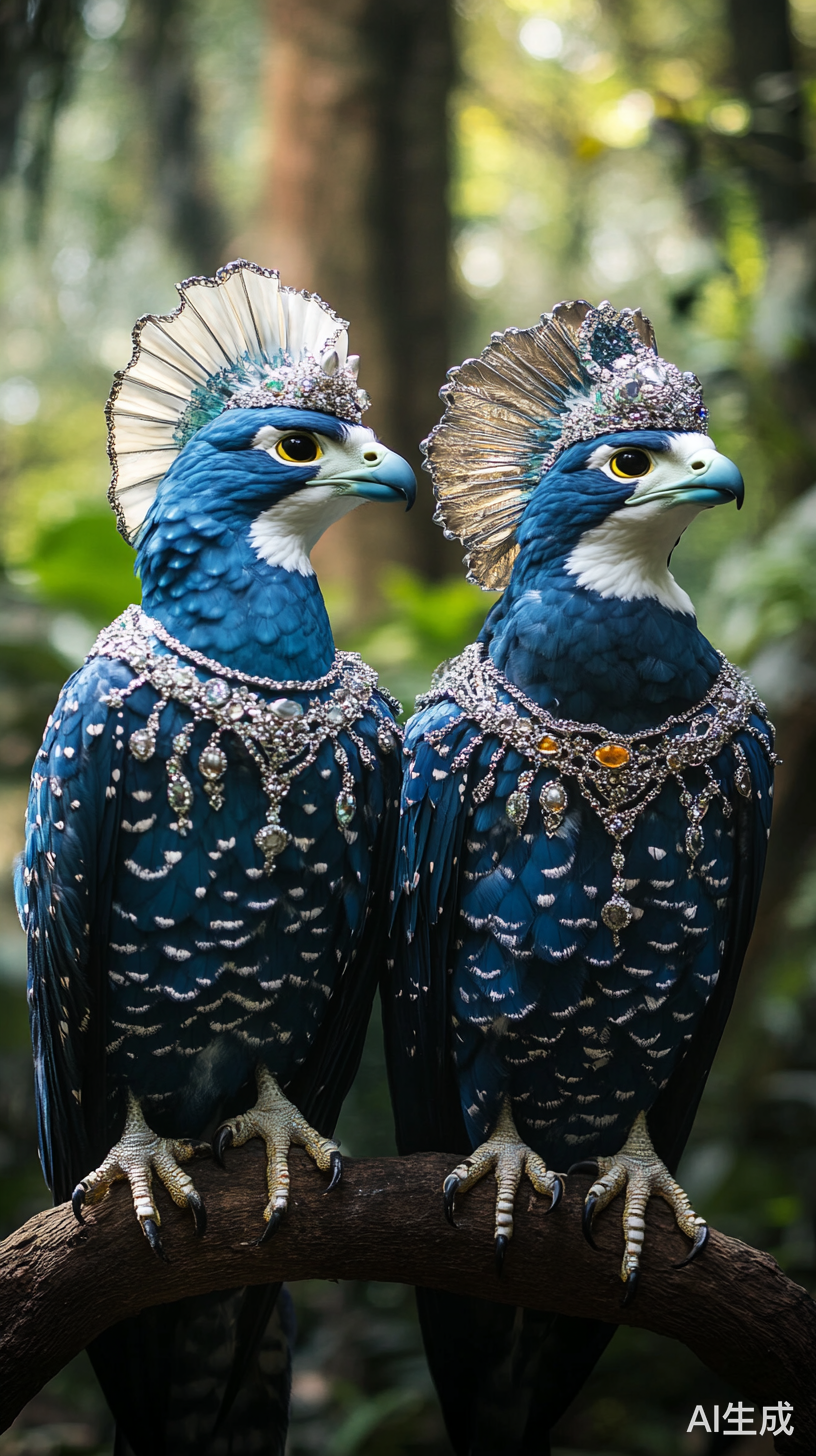 两只蓝色游隼栖息在丛林中的华丽景象