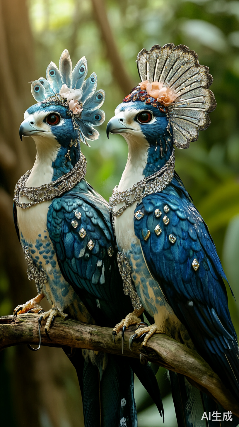 两只蓝色游隼栖息在丛林中的华丽景象
