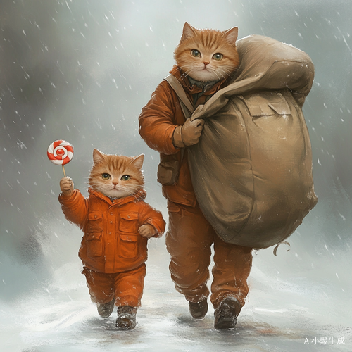打工猫爸爸与快乐猫孩子的雨中漫步
