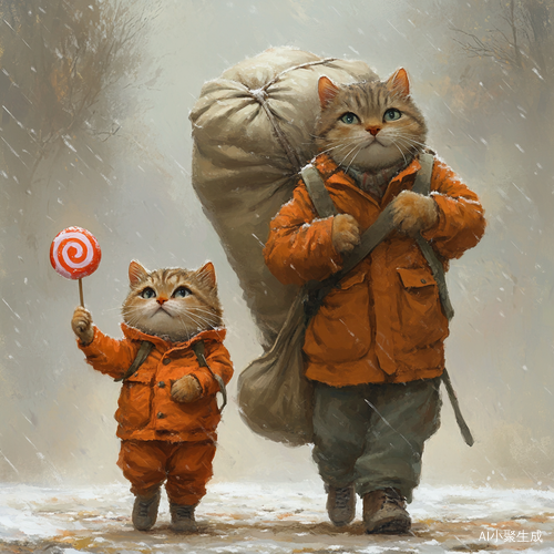 打工猫爸爸与快乐猫孩子的雨中漫步
