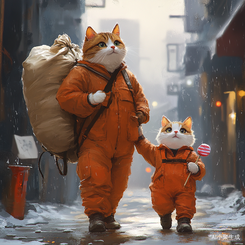 打工猫爸爸与快乐猫孩子的雨中漫步