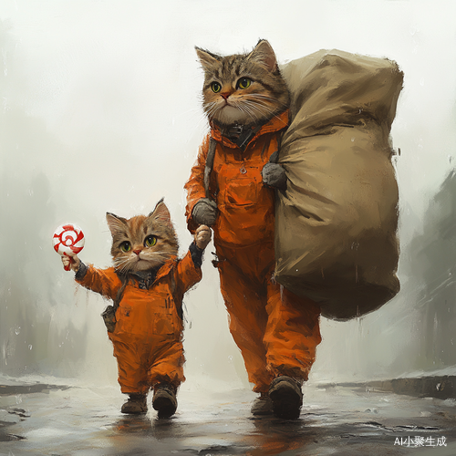 打工猫爸爸与快乐猫孩子的雨中漫步